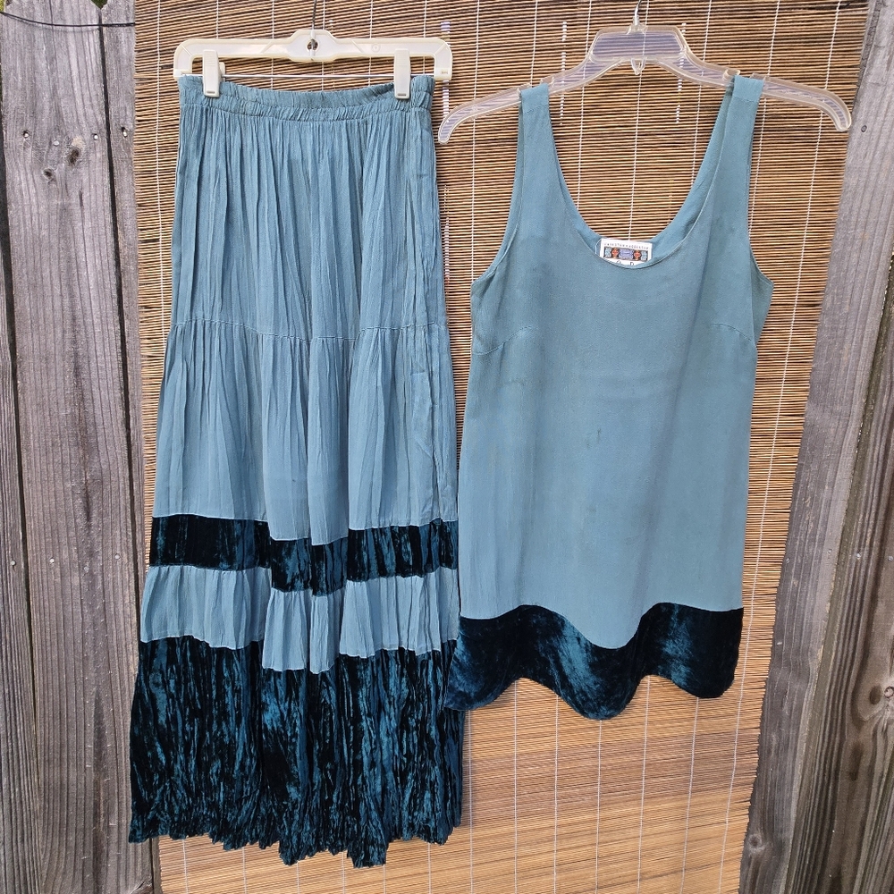 Vintage Elegant Teal Skirt Set Velvet Mix S